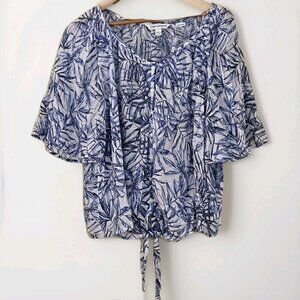 Counterparts White Blue Floral Top Womens US L SS Buttons Ties Cottage Lagenlook